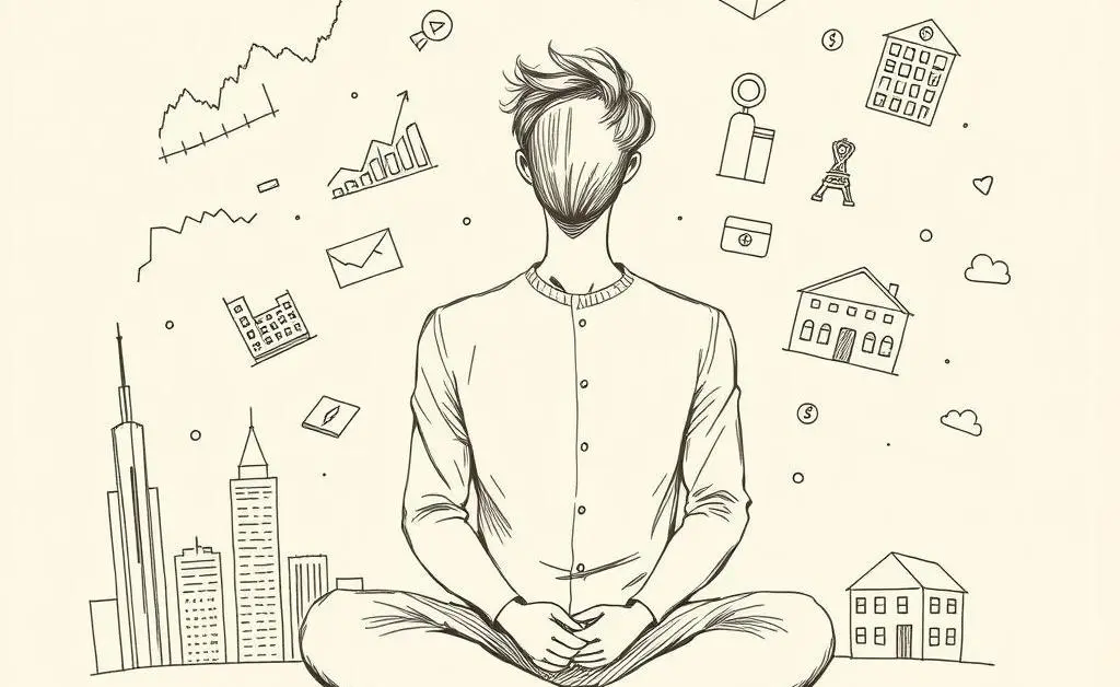 Person sitting calmly with stock and real estate illustrations