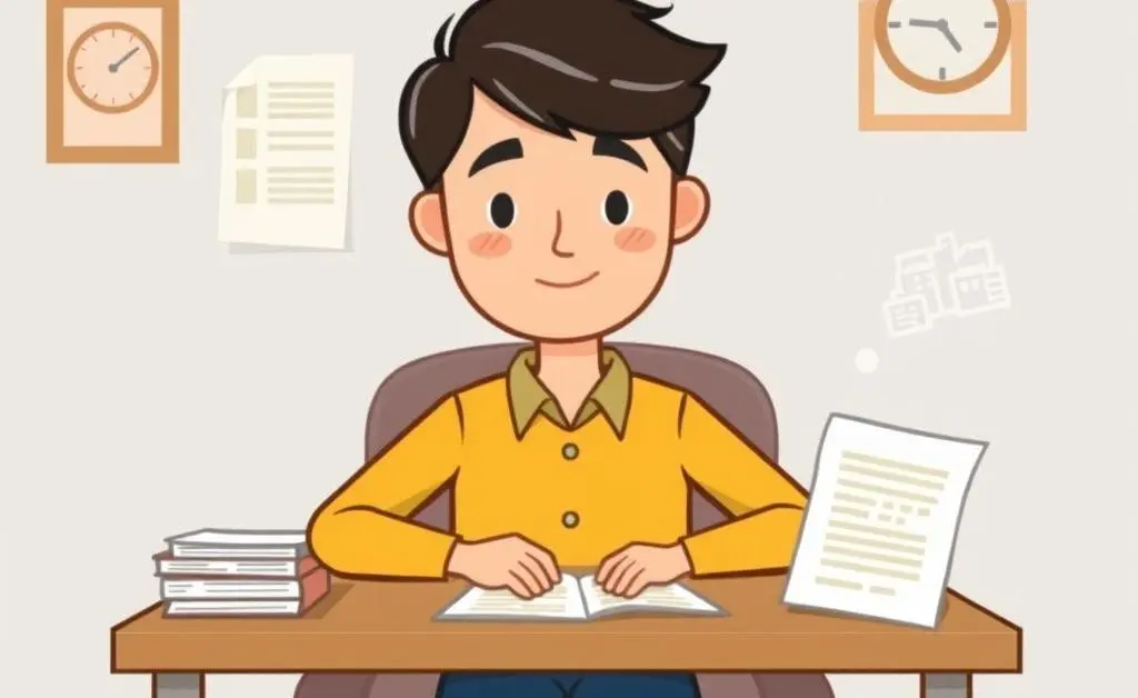 A cartoon-style image of a calm person sitting at a desk with financial papers around them.