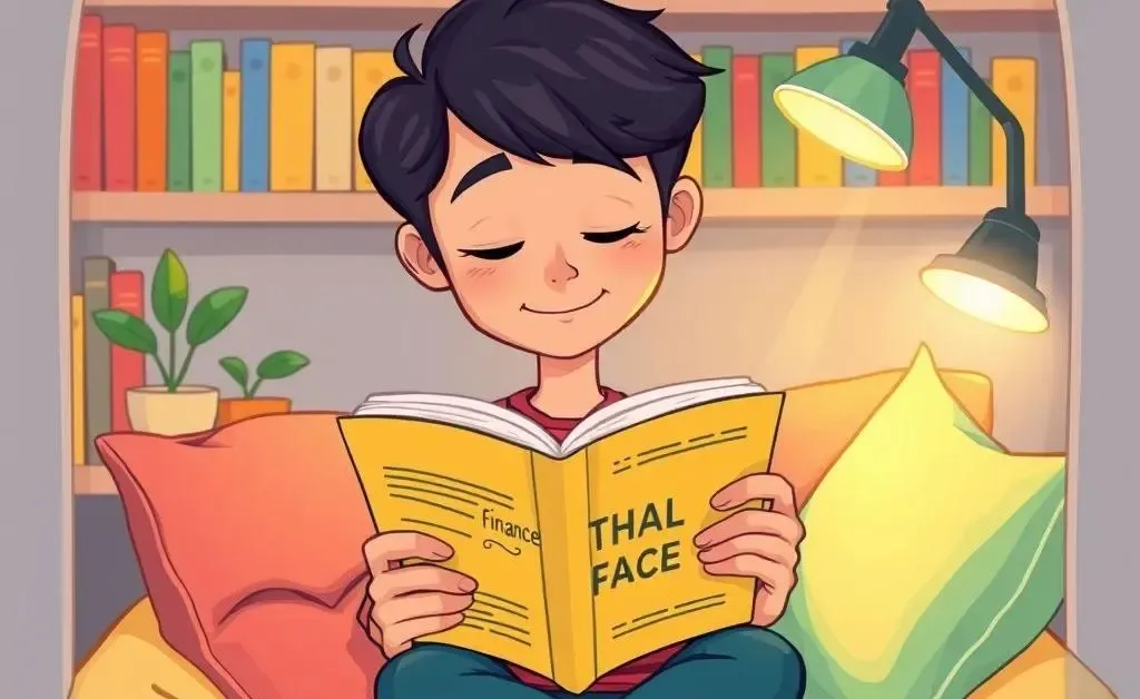 A cartoon-style image of a person calmly reading a book on personal finance while sitting at a cozy corner.