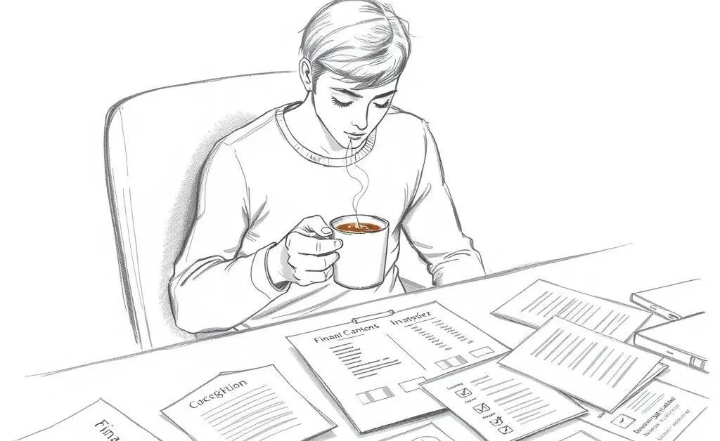 A person calmly sitting with a cup of coffee and financial documents