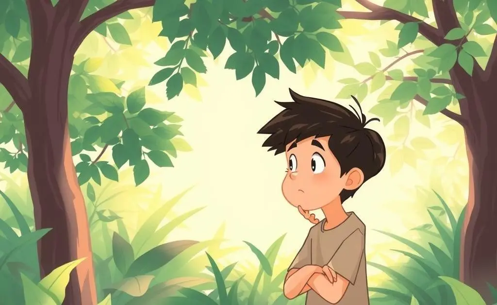 A serene cartoon-style scene of a person peacefully contemplating choices, surrounded by greenery.