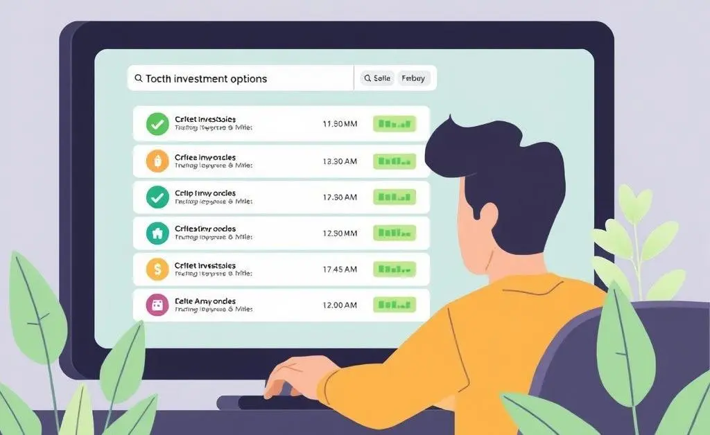Illustration of a person calmly looking at a computer screen showing investment options.