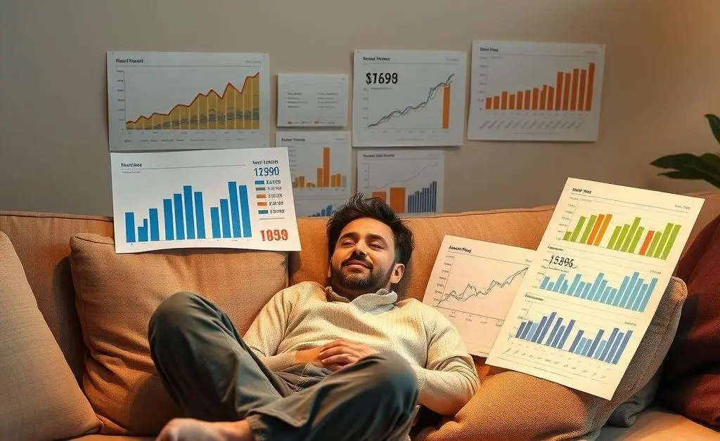 A relaxed individual lounging on a couch with real estate market graphs