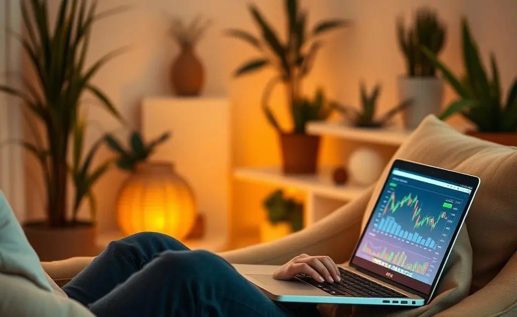 A person relaxing with a laptop showing stocks, symbolizing calm investing