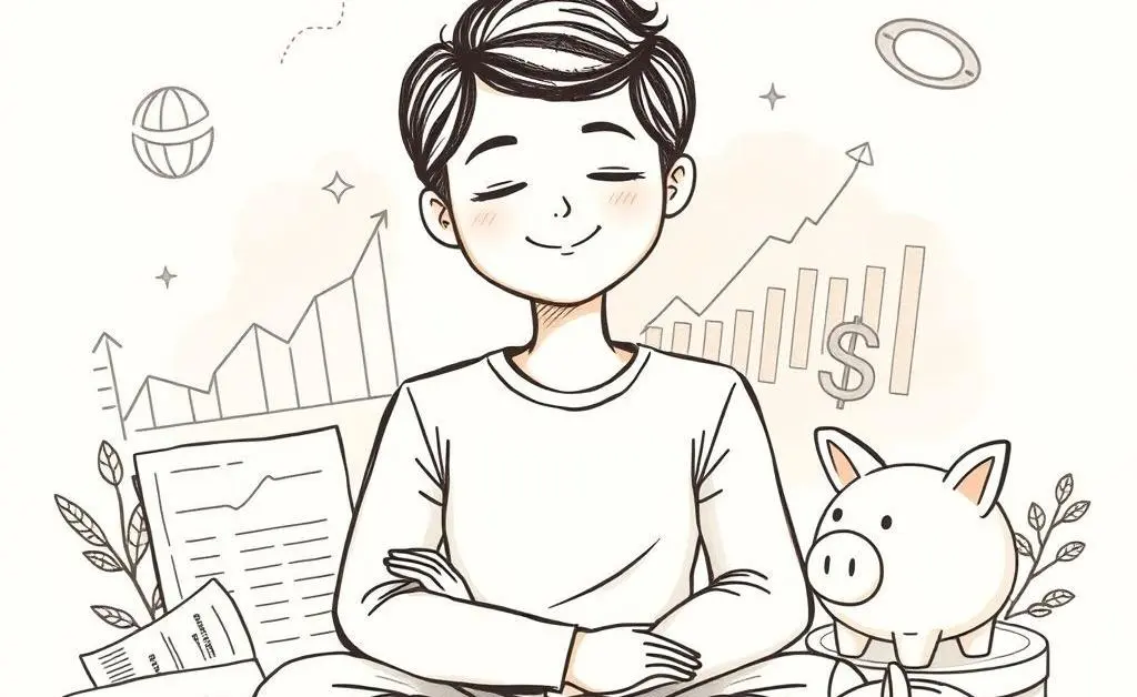 Hand-drawn image of a serene person with a relaxed expression, surrounded by investment icons like stocks, bonds, and a piggy bank.