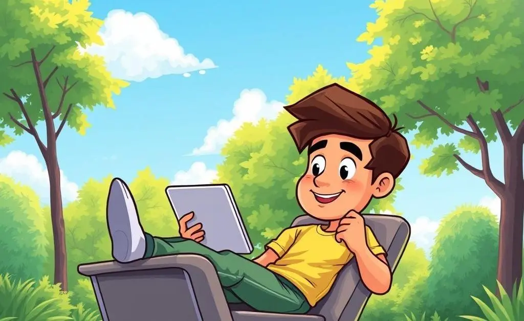 Cartoon-style image depicting calm surroundings with a person relaxed in a chair browsing an investment platform.