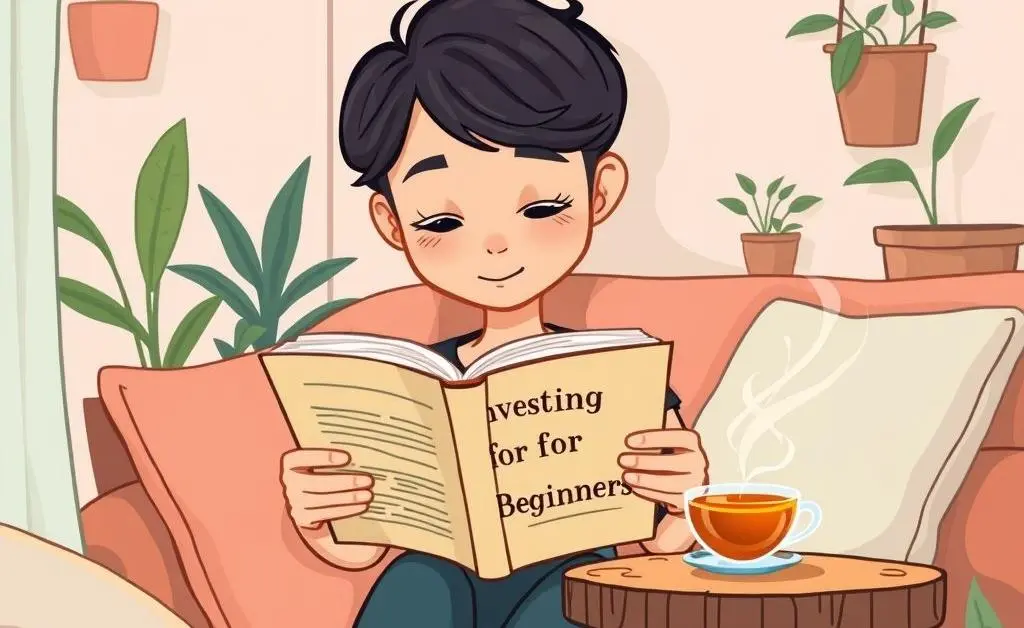 Someone reading a book titled 'Investing for Beginners' with a cup of tea.