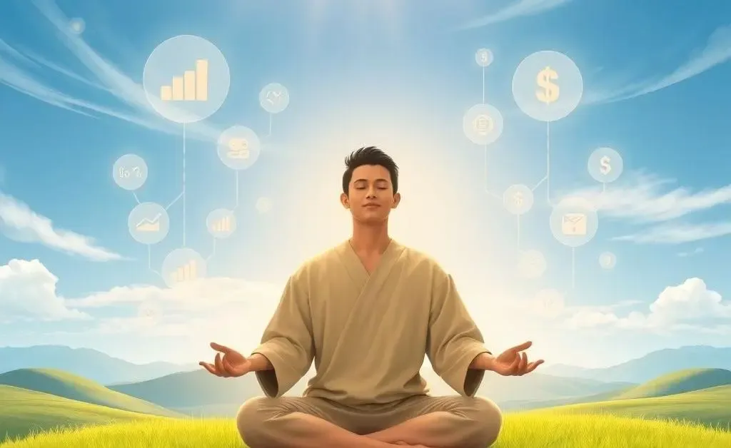 A peaceful illustration of someone meditating with floating icons of various financial markets around them.