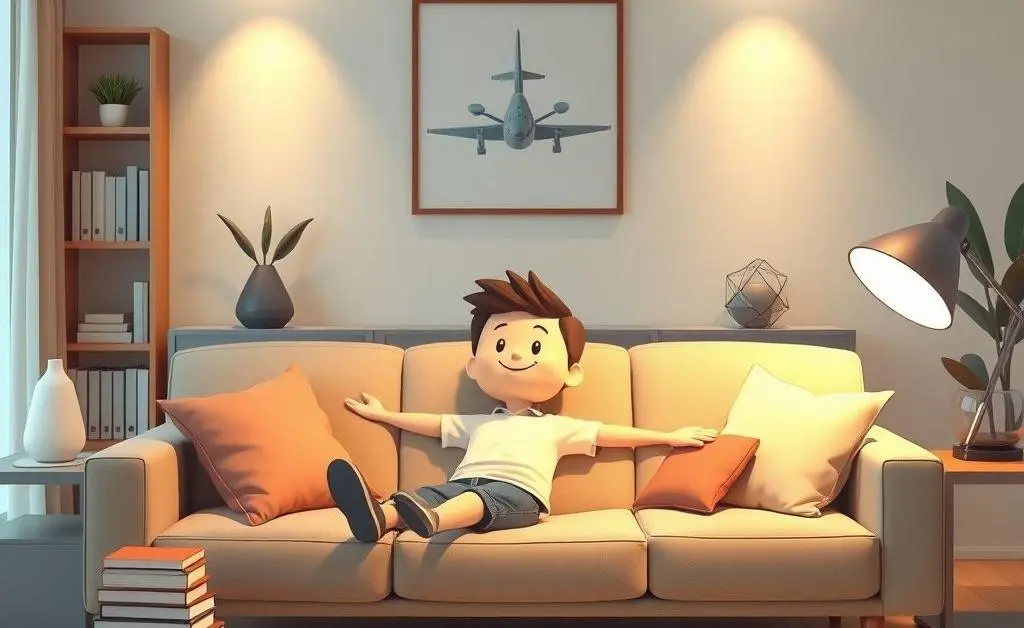 Relaxed cartoon character sitting on a couch, with calm investing books around.