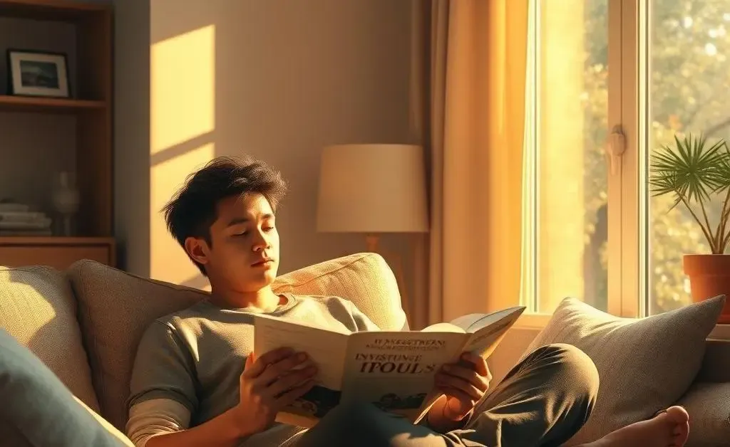 A serene scene of a person at home, calmly reading an investment book