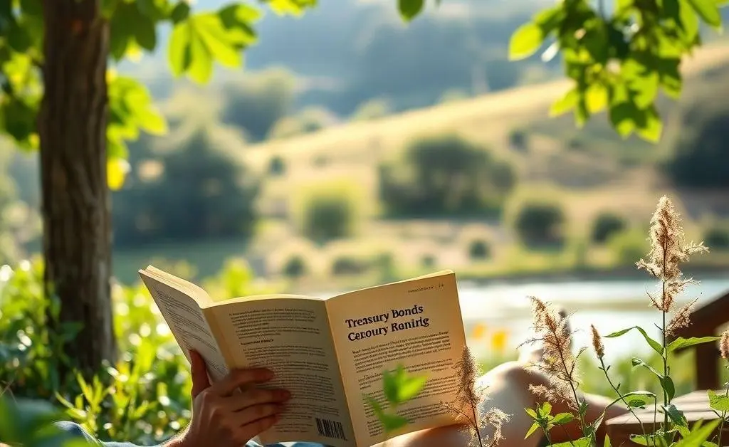 A relaxed outdoor setting with a person reading a book about treasury bonds.