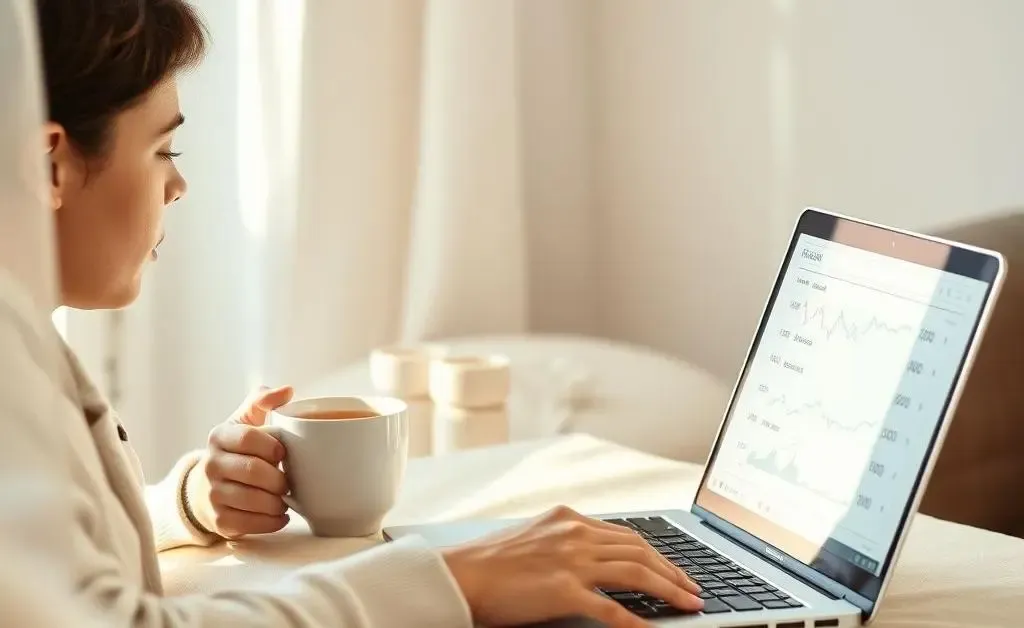 A relaxing scene with someone sipping tea, peacefully analyzing stock options on a laptop.