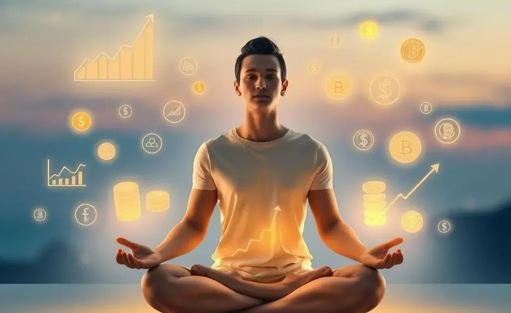 A relaxed person meditating with floating financial growth icons