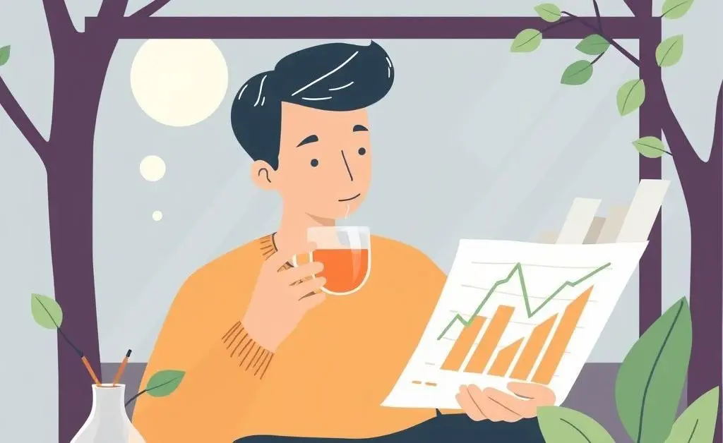 Illustration of a serene setting showing a person calmly looking at a financial chart, sipping tea