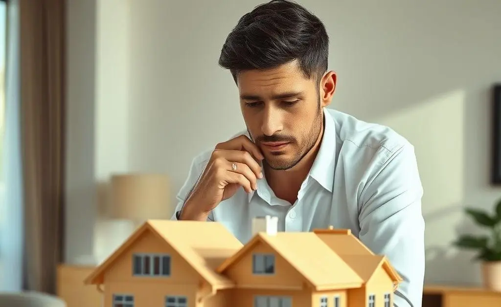A calm investor pondering over a home construction model