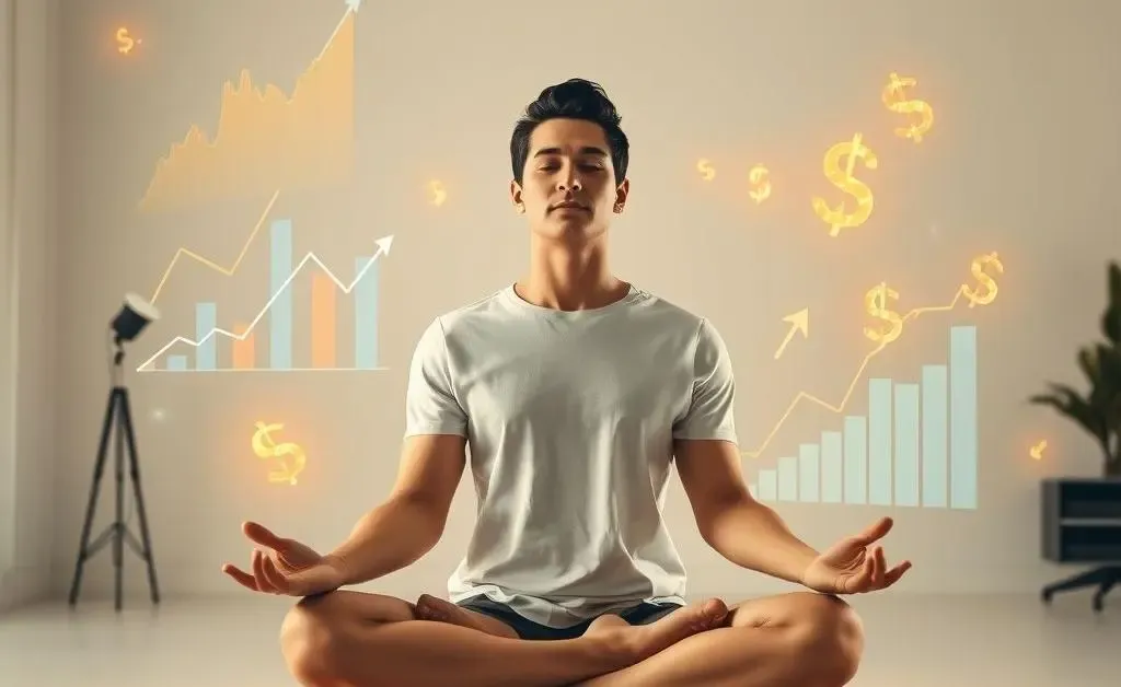 An individual meditating with finance symbols around