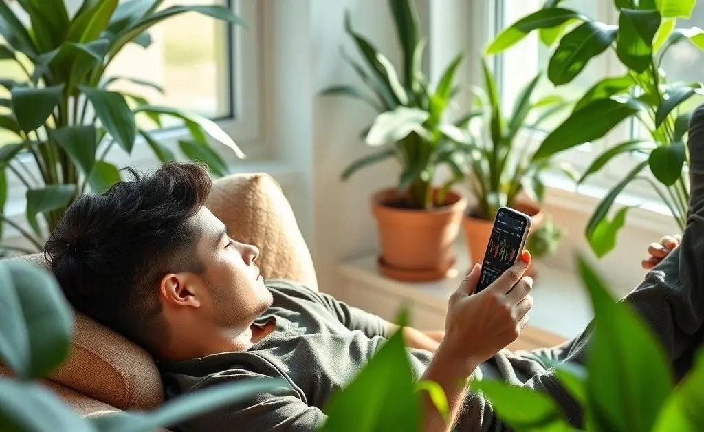 A person looking at stock charts in a relaxed setting