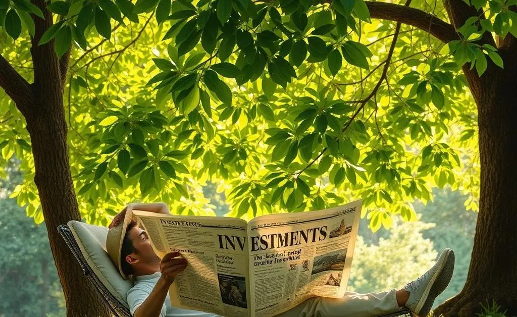 A person reading a newspaper titled 'Investments' under a tree