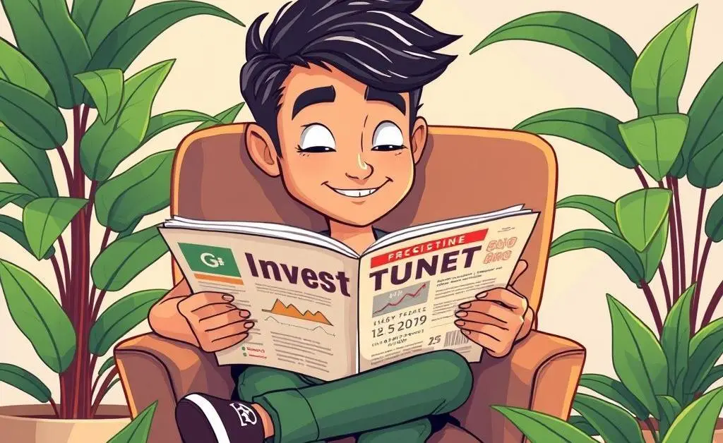 Person reading an investment magazine in a calming setting