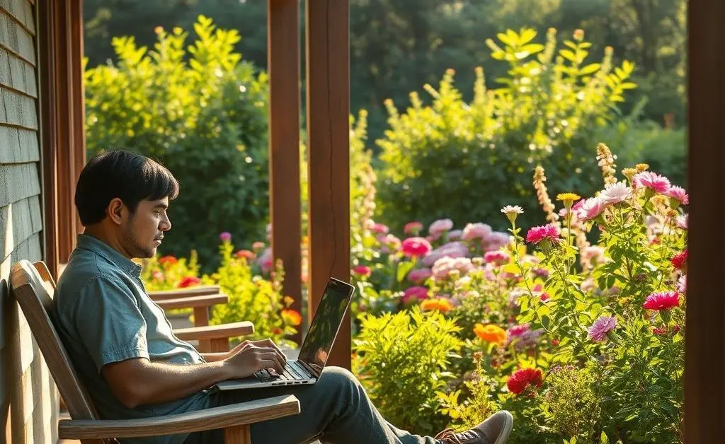 An individual sitting on a porch with a laptop, looking thoughtfully at a garden, representing a calm approach to investing.