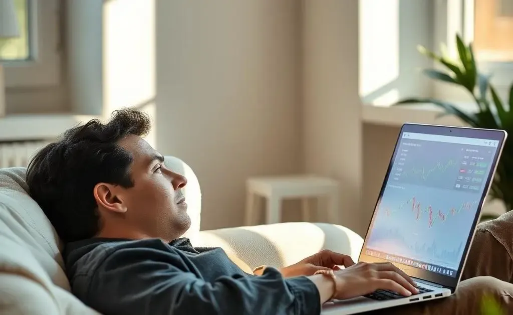 A peaceful figure looking at investment graphs on a computer