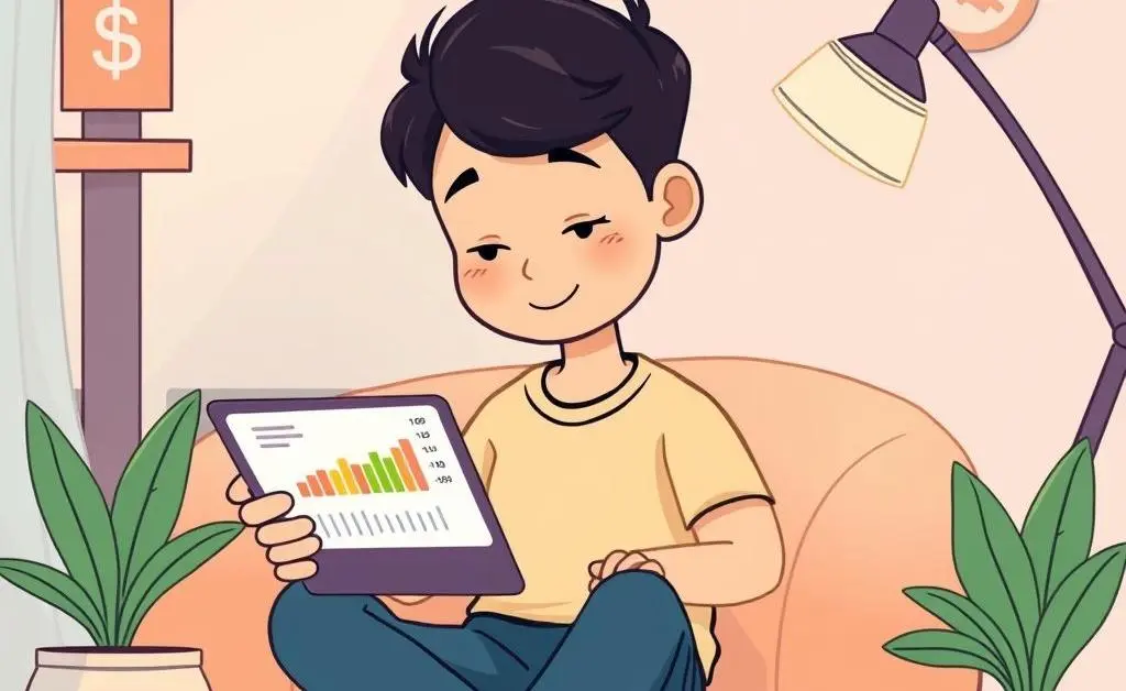 A person sitting calmly while checking investment portfolio charts on a tablet