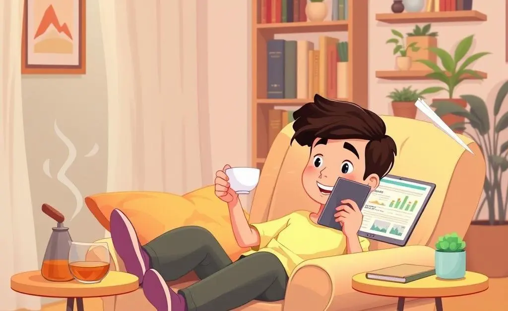 A relaxed person sipping tea and reading financial news.