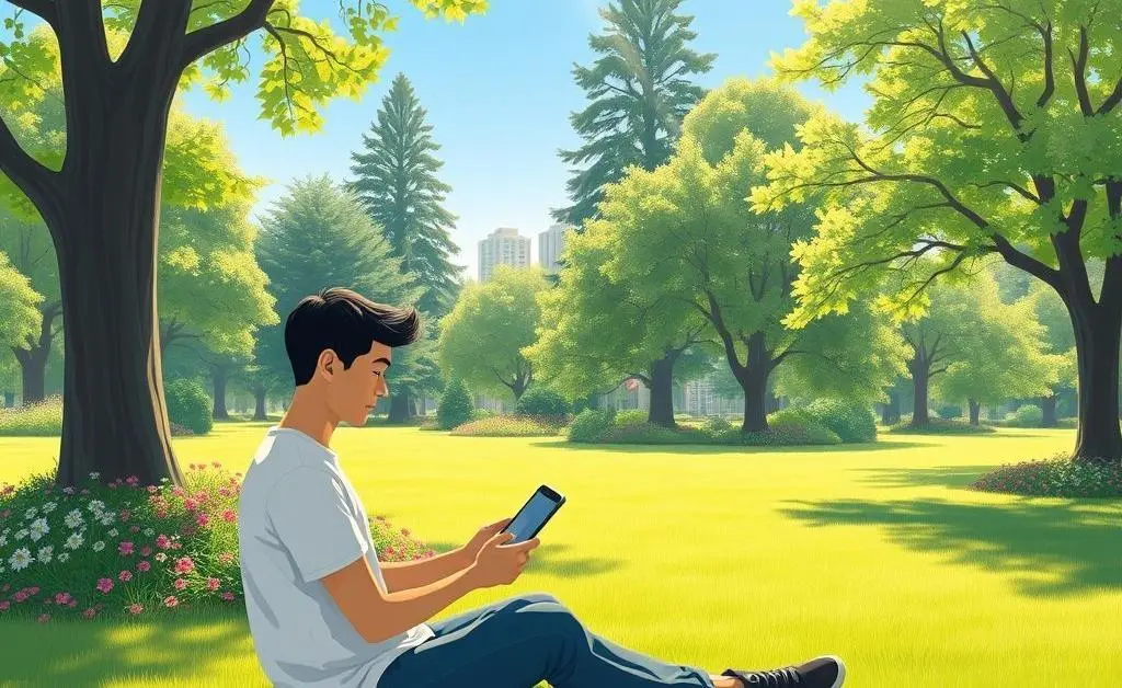 An illustration of a serene person sitting in a park with a tablet, contemplating investment options surrounded by nature.