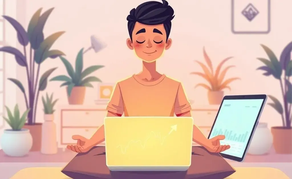 Peaceful person meditating with investment charts on a laptop