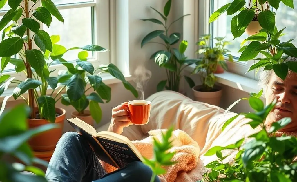Person relaxing with a cup of tea and reading about investing