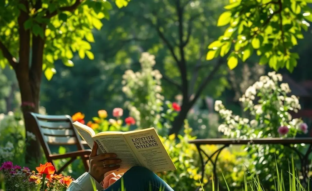 A person calmly reading an investment book in a garden.