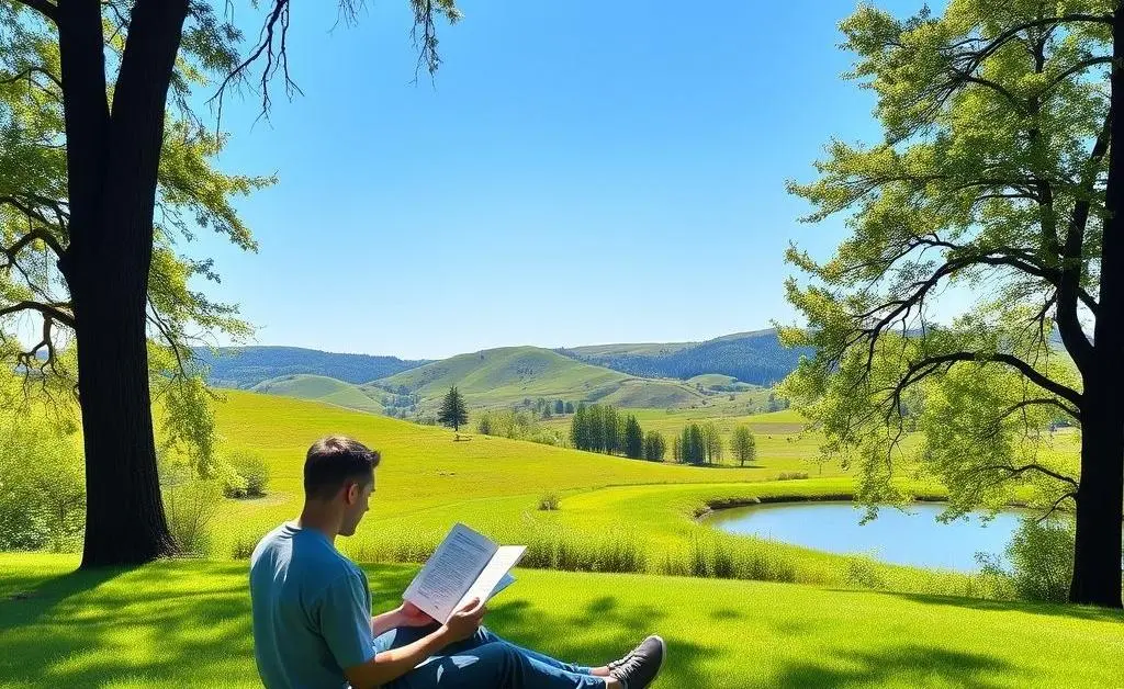 A serene landscape with a person sitting calmly, reading about investments.