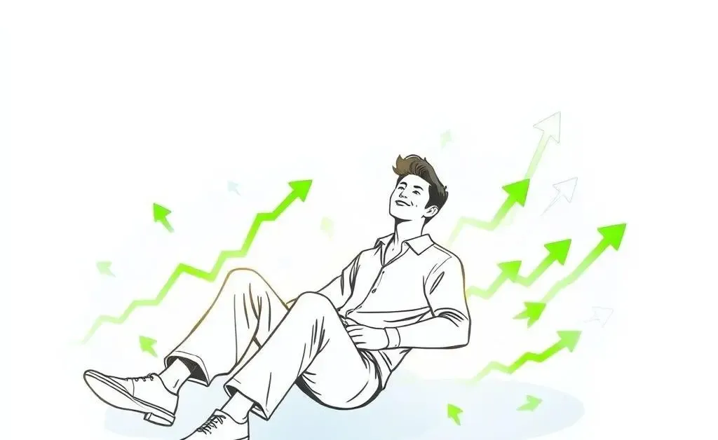 A minimalist illustration of a person relaxing with financial graphs and green arrows around.