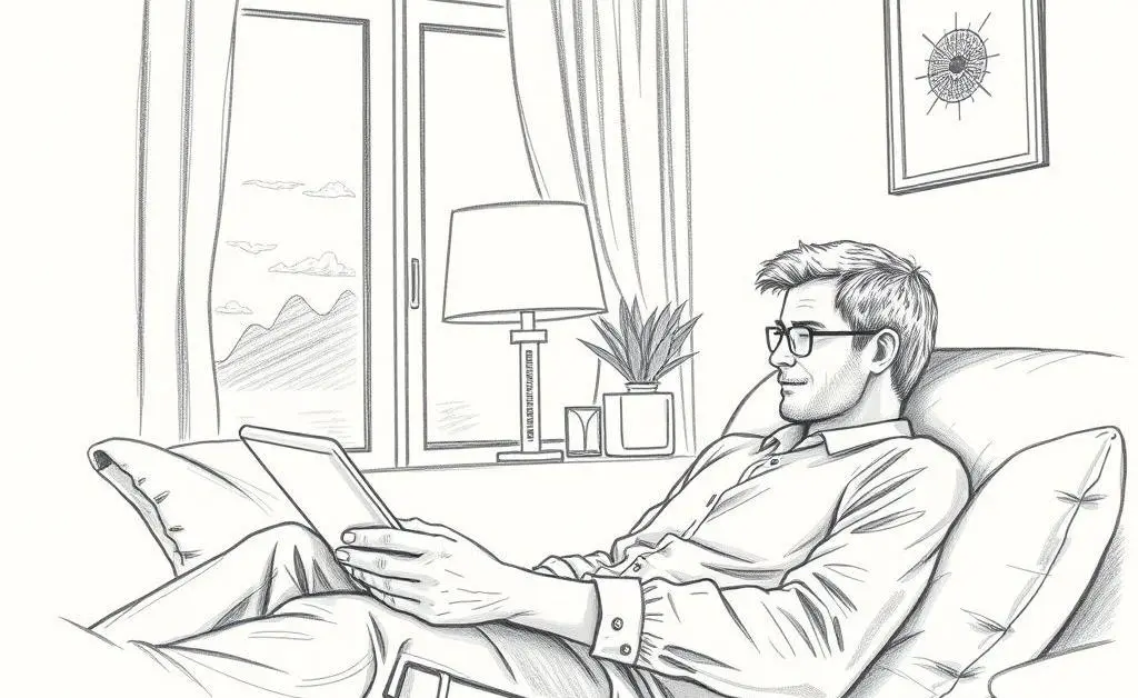 Image illustrating a relaxed investor in a comfortable room reading market analysis on a tablet