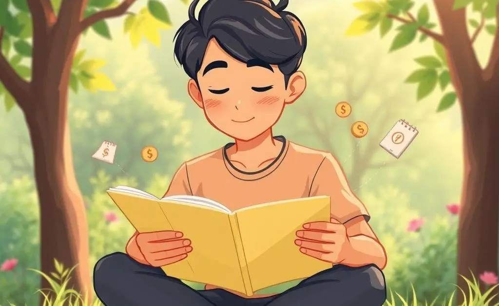 A cartoon-style illustration of a person sitting calmly with a planner in a peaceful setting, indicating mindful preparation for investment.