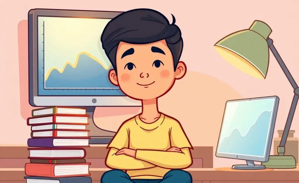 Calm person with investment books and calming graphs on a computer