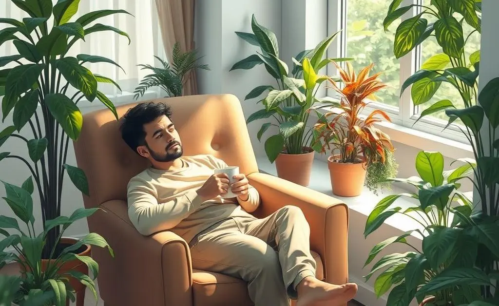 A peaceful scene of a person sitting relaxed in a chair with a cup of coffee, surrounded by plants and financial documents.