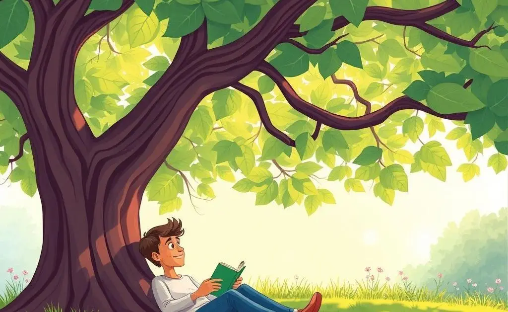 A peaceful scene of a person reading about investing under a tree.