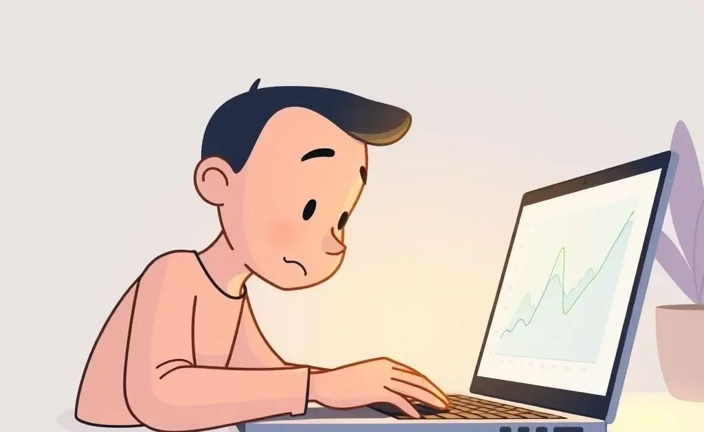 A cartoon person confidently looking at investment graphs on a computer.