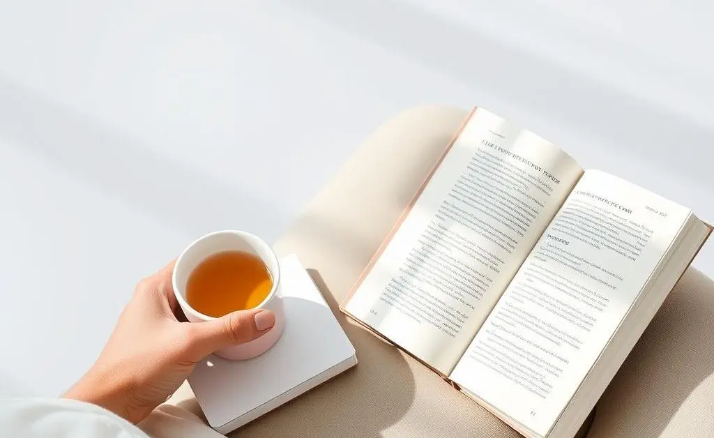A minimalist image of a person relaxing with a cup of tea and investment books.
