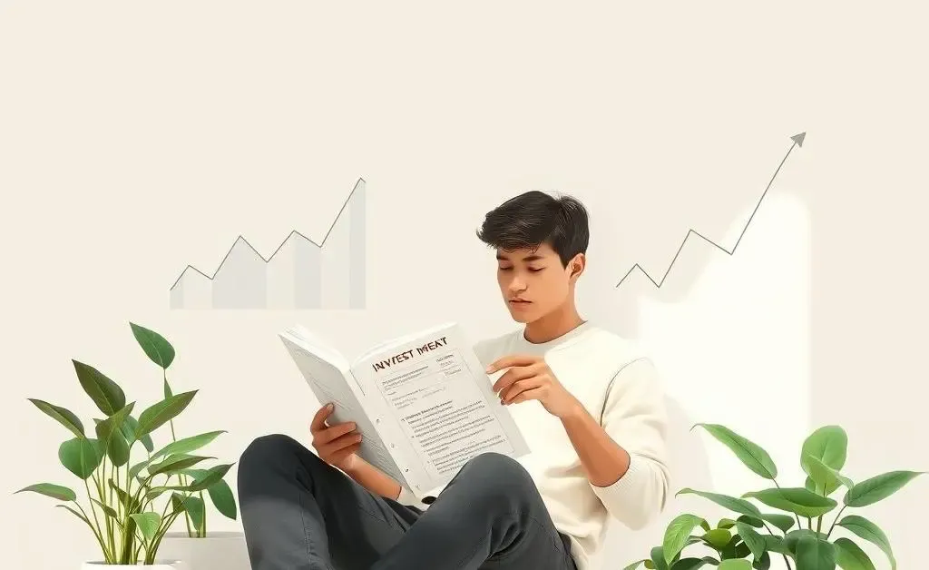 A person calmly reading an investment book with financial charts around