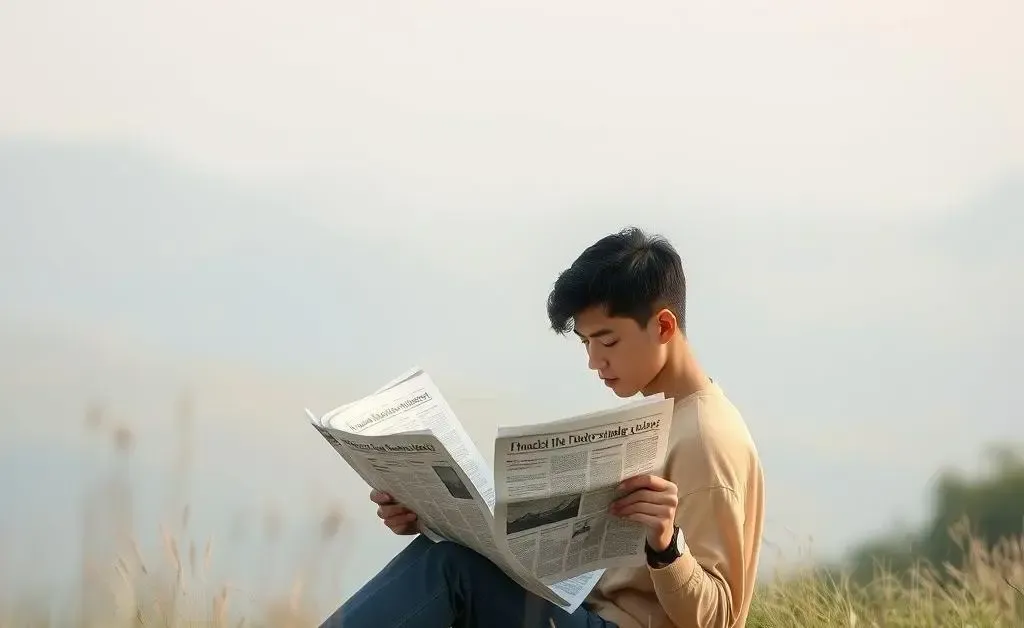 A peaceful scene with a person calmly reading financial news