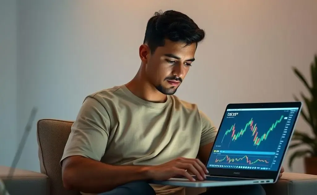 A person sitting calmly with a laptop and financial graphs
