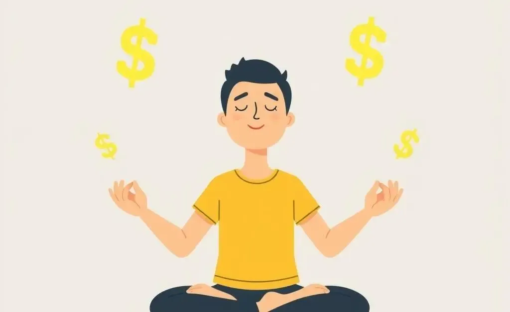 Person meditating with floating dollar signs