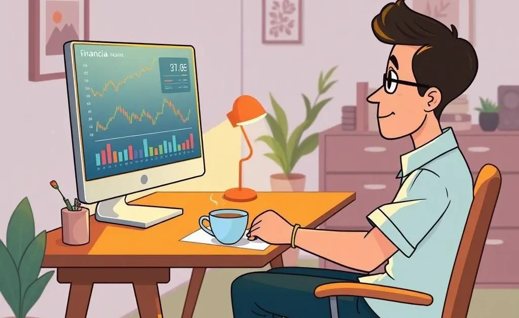 A peaceful, cartoon-style scene of a person calmly analyzing investment figures at a desk with a cup of tea