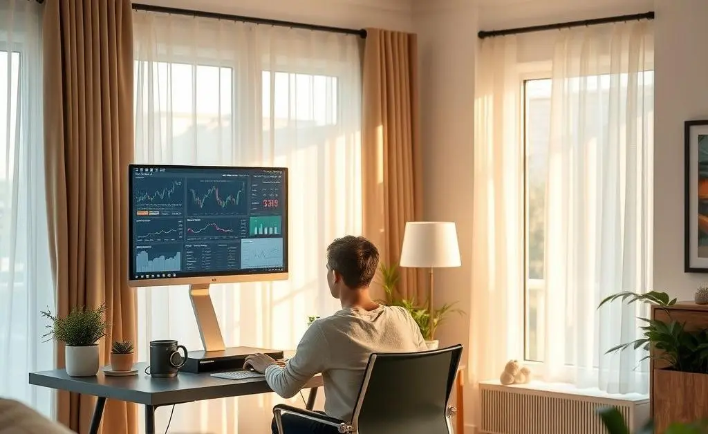 A peaceful home setting with a computer displaying investment options