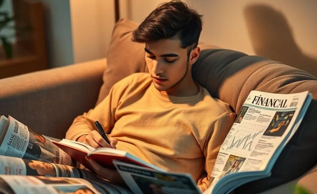Relaxing scene with financial magazines and a notebook