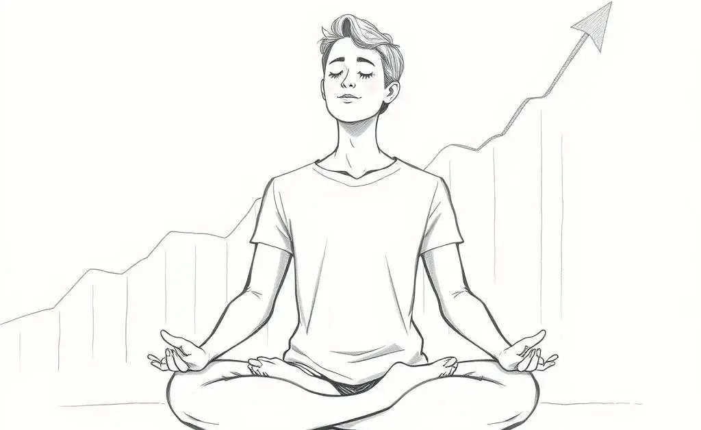 Hand-drawn-style image of a person meditating with a stock graph
