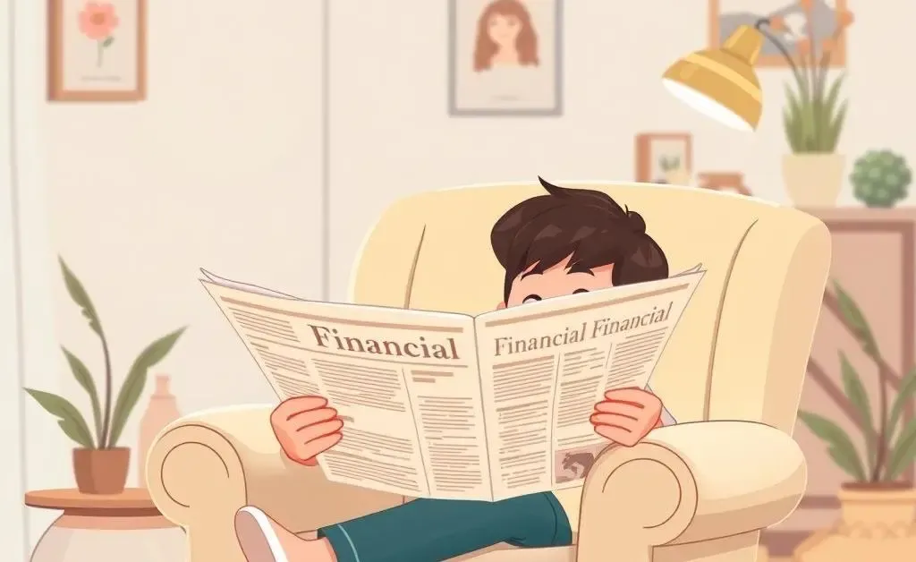 A person reading a financial newspaper in a comfy chair.