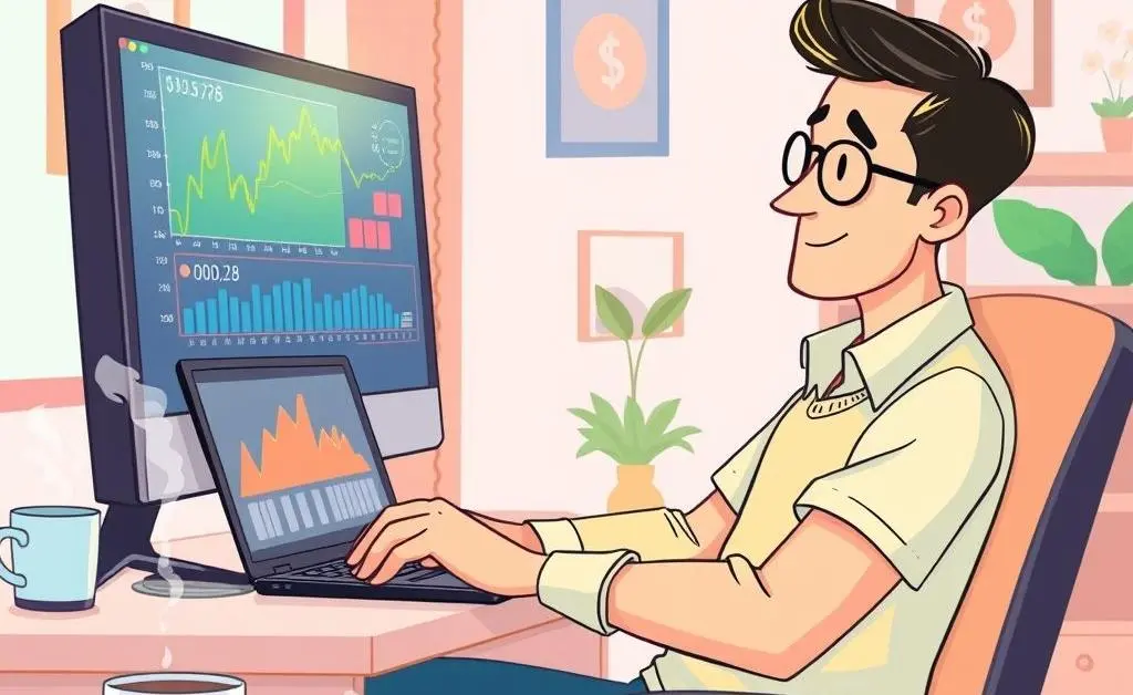A person calmly investing with a computer, charts, and coffee